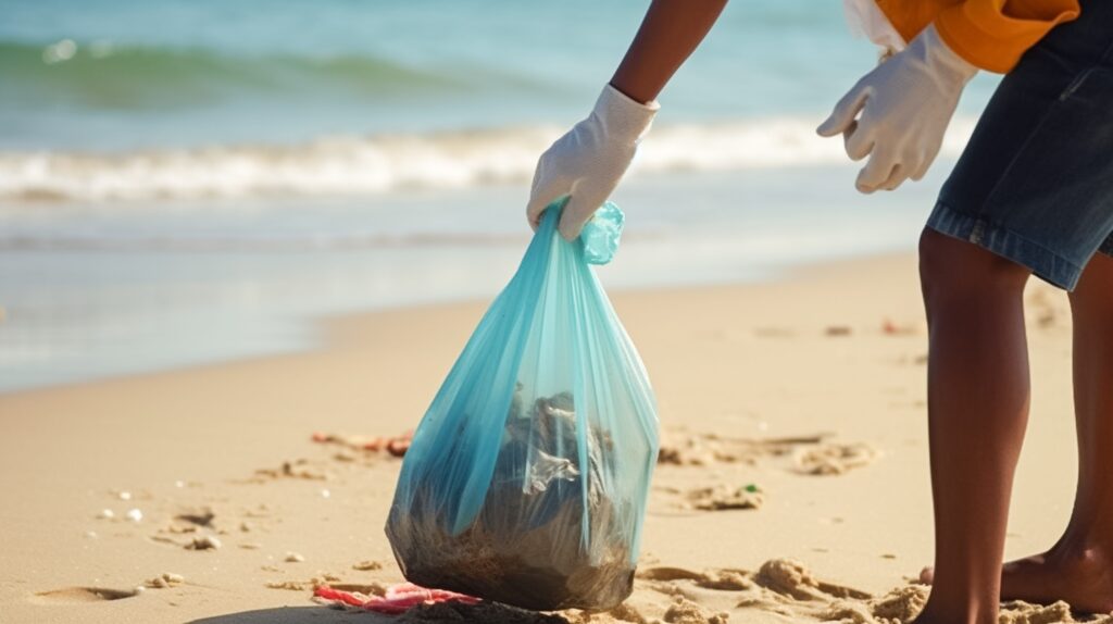 Man in gloves pick up plastic bags that pollute sea. Problem of spilled rubbish trash garbage on the beach. Environmental conservation coastal zone cleaning. Man in gloves pick up plastic bags that pollute sea. Problem of spilled rubbish trash garbage on the beach. Environmental conservation coastal zone cleaning.