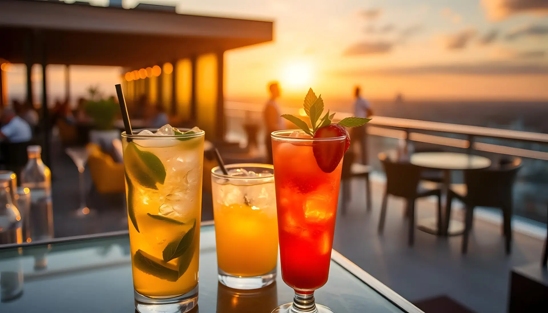 Colorful cocktails served on a rooftop at sunset with a stunning city skyline view